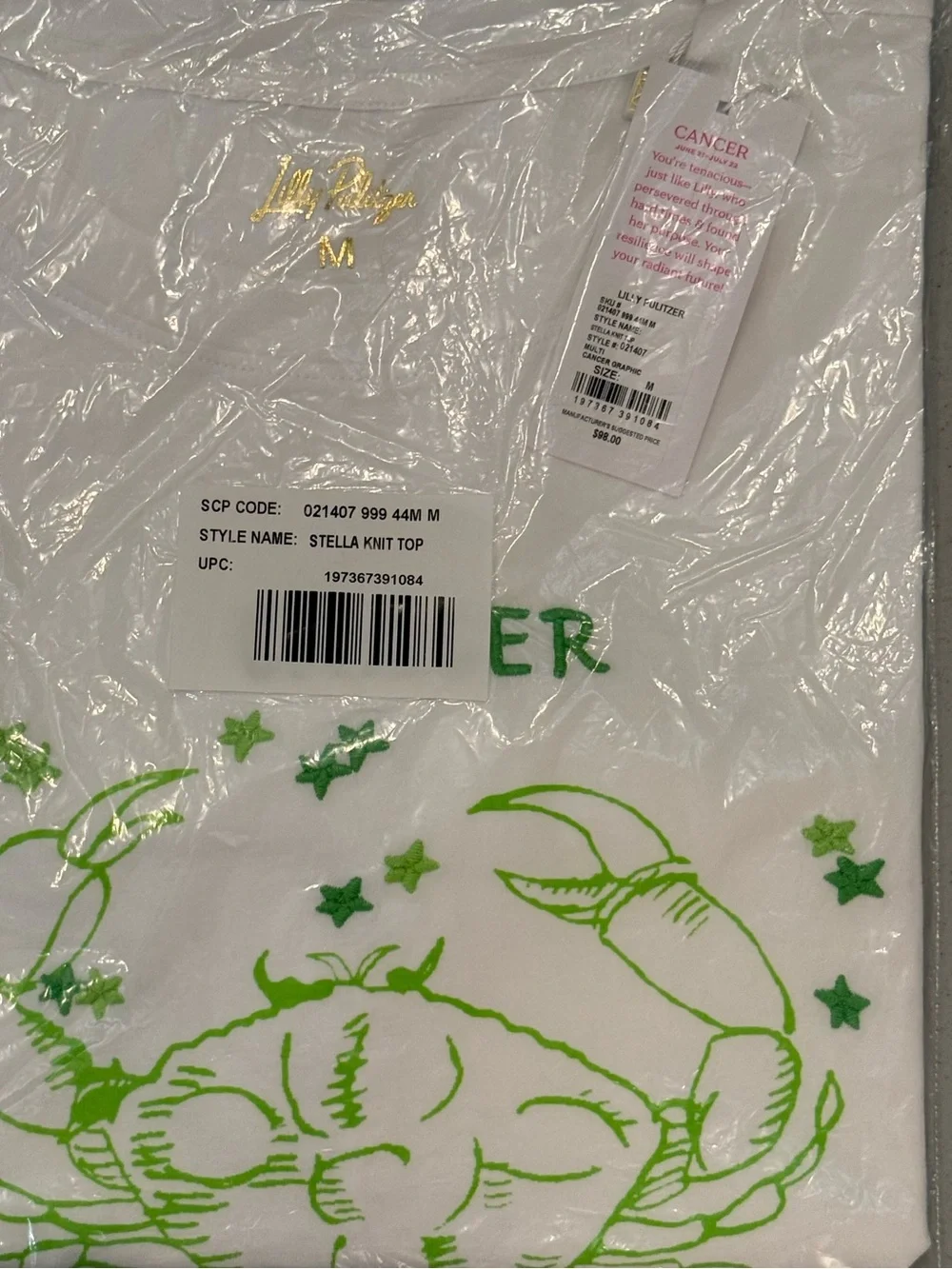 Lilly Pulitzer White Stella knit Tee. Green Zodiac Cancer Crab & signature NWT - Picture 3 of 3